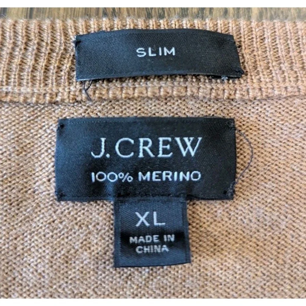 J.Crew 100% Merino Wool Sweater Men's XL Tan V-Neck Long Sleeve Light Weight EUC